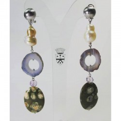 Earrings with pearls, agate of Botswana, amethyst and rhyolite