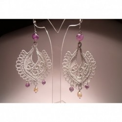 Chandelier silver earrings with pearls and amethyst on LineaErre embroidery