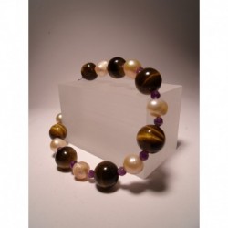 Bracelet with freshwater pearls, tiger eye and amethyst