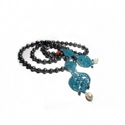 Long necklace with grey freshwater pearls, hematite and embroidery teal, coral and white 1st quality freshwater pearls