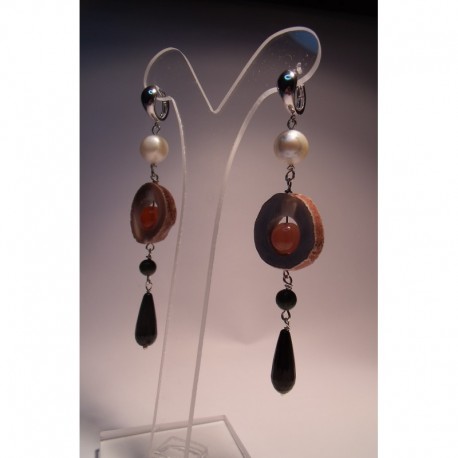 Silver earrings with pearls, onyx, agate of Botswana and jade