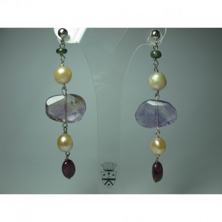 Silver earrings with pearls, ametrine, pink and green tourmaline