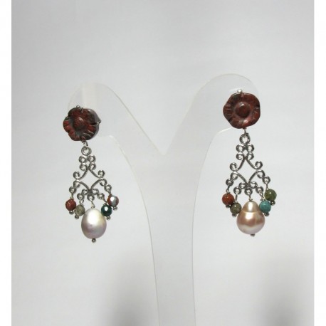 Chandelier earrings with freshwater pearls, jasper and fancy agate