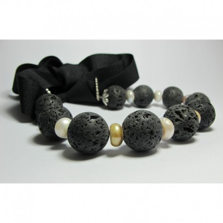 Lava stone necklace with pearls and gros-grain ribbon