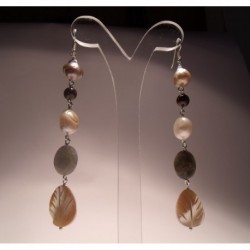 Silver earrings with pearls, mother of pearl, garnet and labradorite