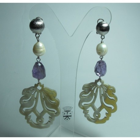 Earrings with carved horn, pearls and amethyst