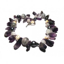 Necklace with amethyst, pearls and tourmalinated quartz