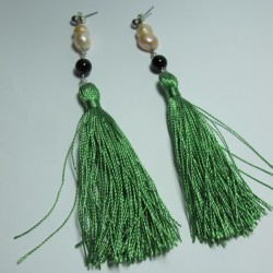 Earrings with silk tassels, onyx and pearls