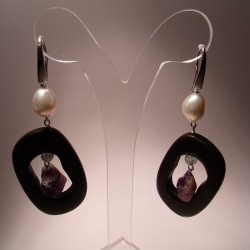 Silver earrings with pearls, ebony, amethyst and aquamarine