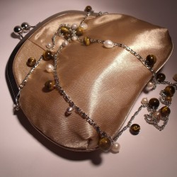 Ivory satin clutch with long chain, pearls and tiger eye