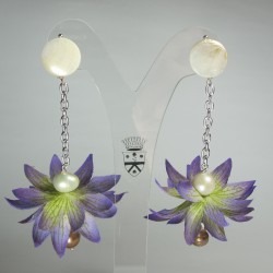 Earrings with silk flower, pearls, hematite and mother of pearl